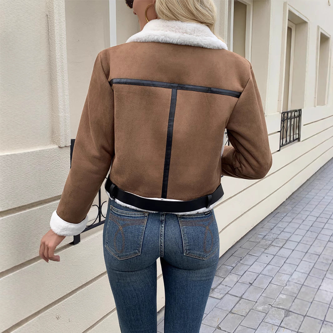 Stylish women's jacket with faux fur trims and decorative buckles Lune London
