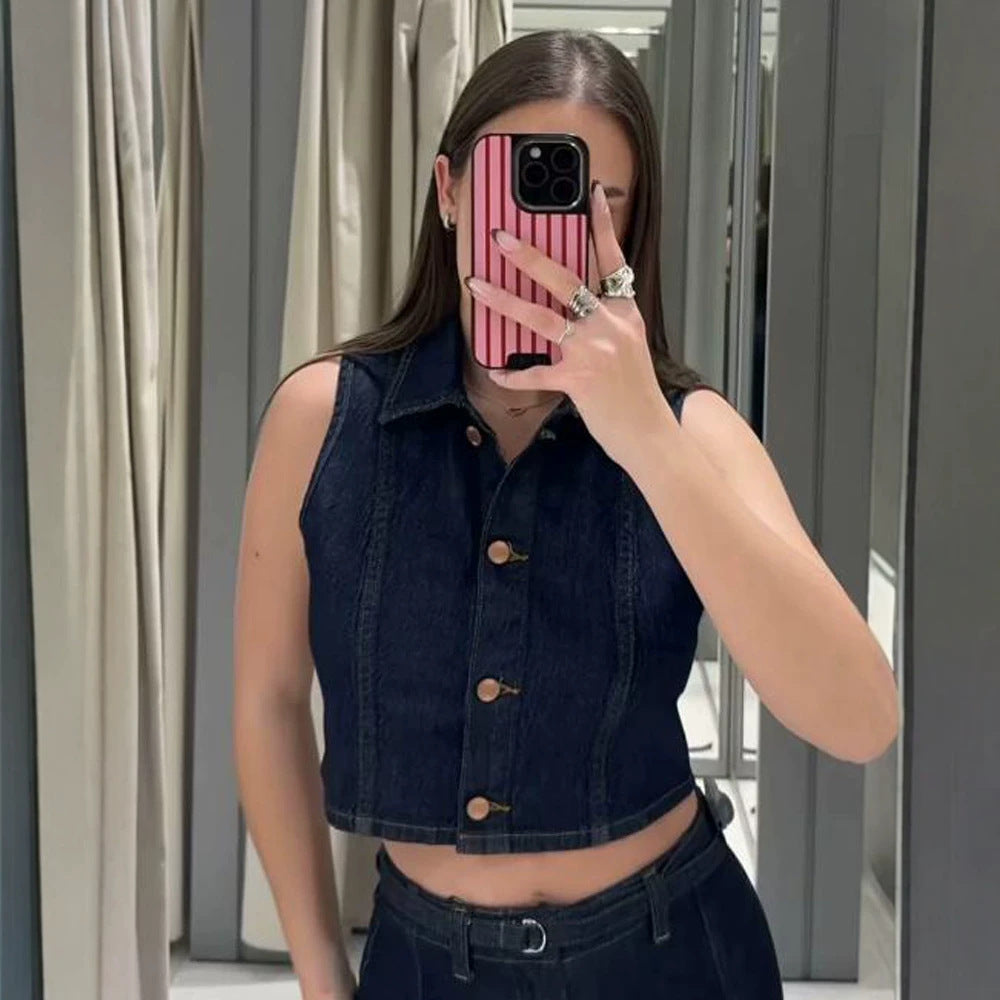 Women Short Cut Denim Vest with Tailored Paneling and Metal Button Placket Amarae
