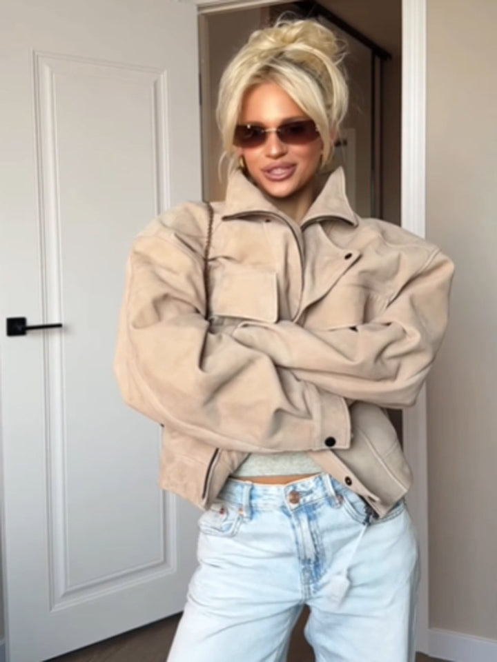 Women Oversize Suede Look Jacket with Flap Pockets and Stand-Up Collar Amarae