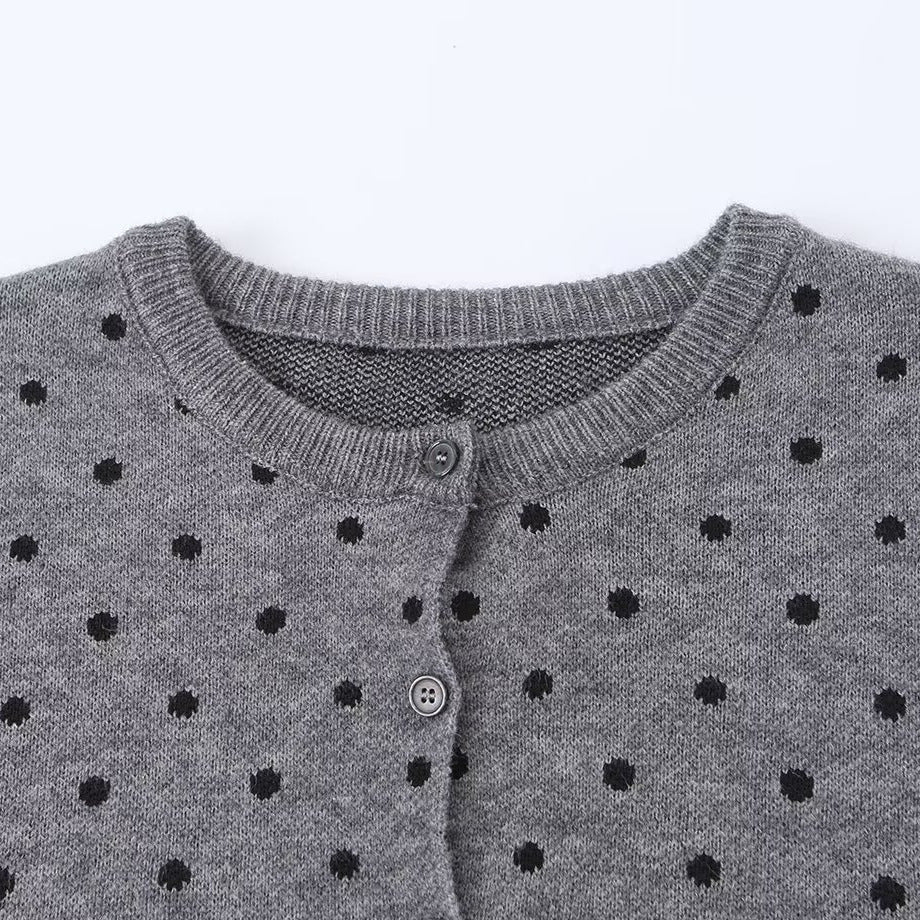 Women's Short Fine Knit Cardigan with Round Neck, Allover Polka Dot Pattern and Button Placket