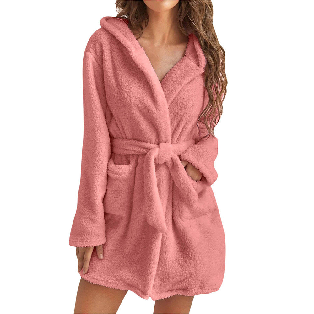 Women’s cozy fleece bathrobe with hood and belt Lune London