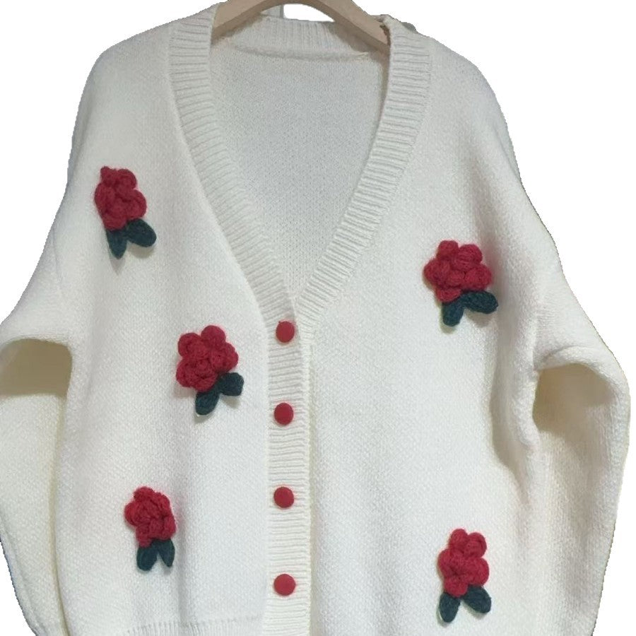 Women’s playful knitted cardigan with floral appliqués and Moon London button details