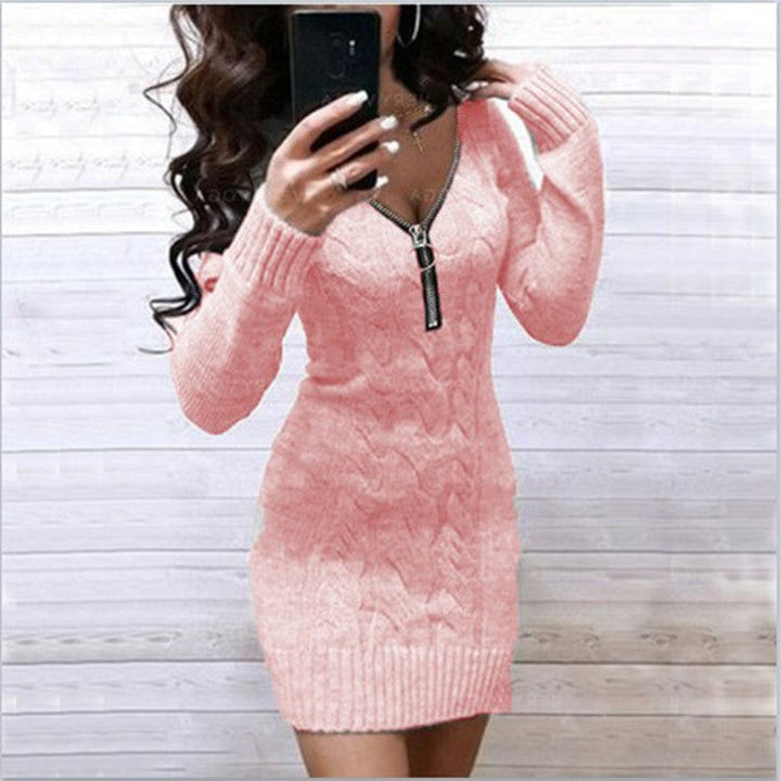 Ladies Knit Dress with Zipper and Cable Pattern Lune London