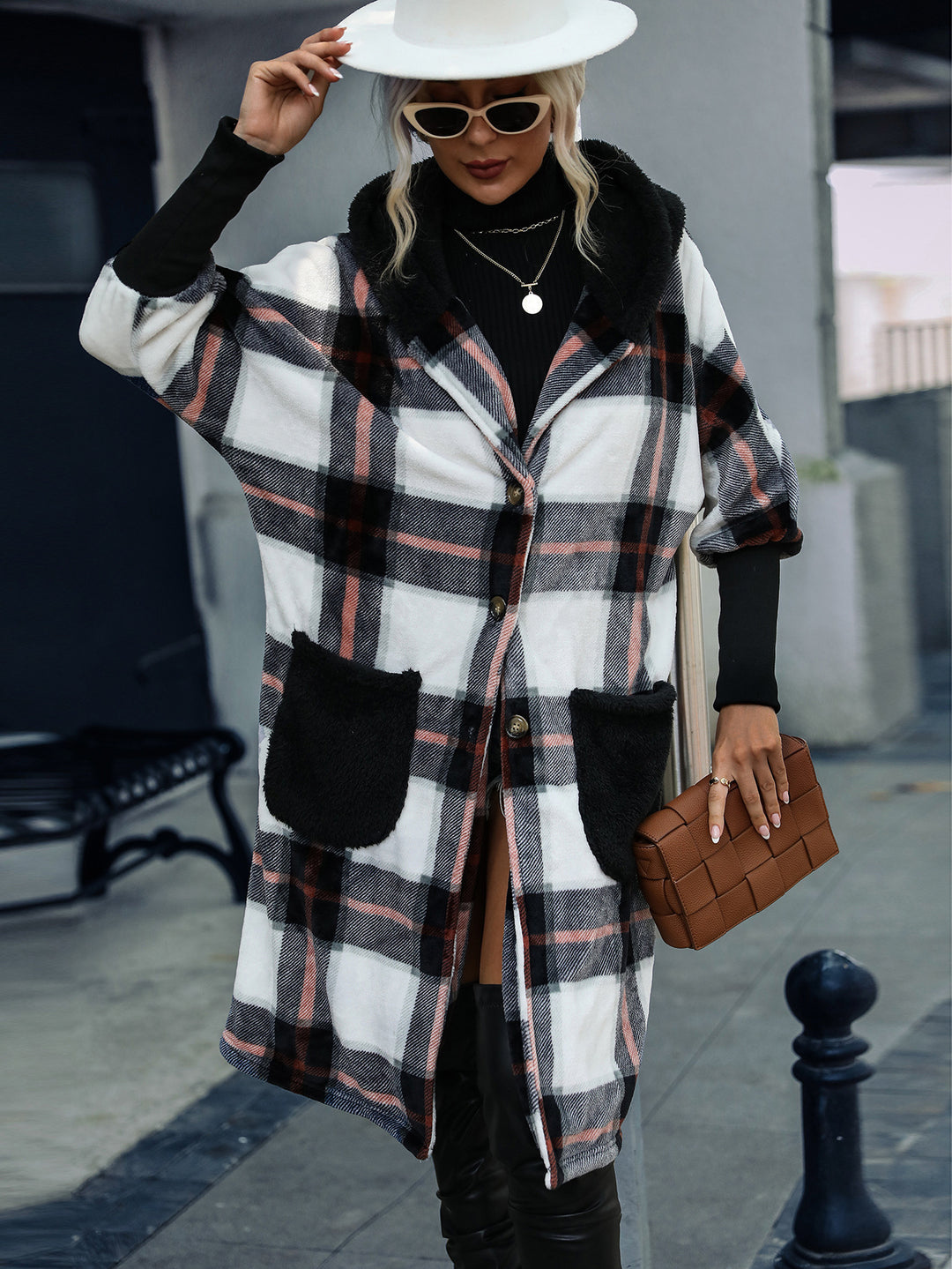 Ladies Plaid Plush Jacket with Large Pockets and Casual Chic Design