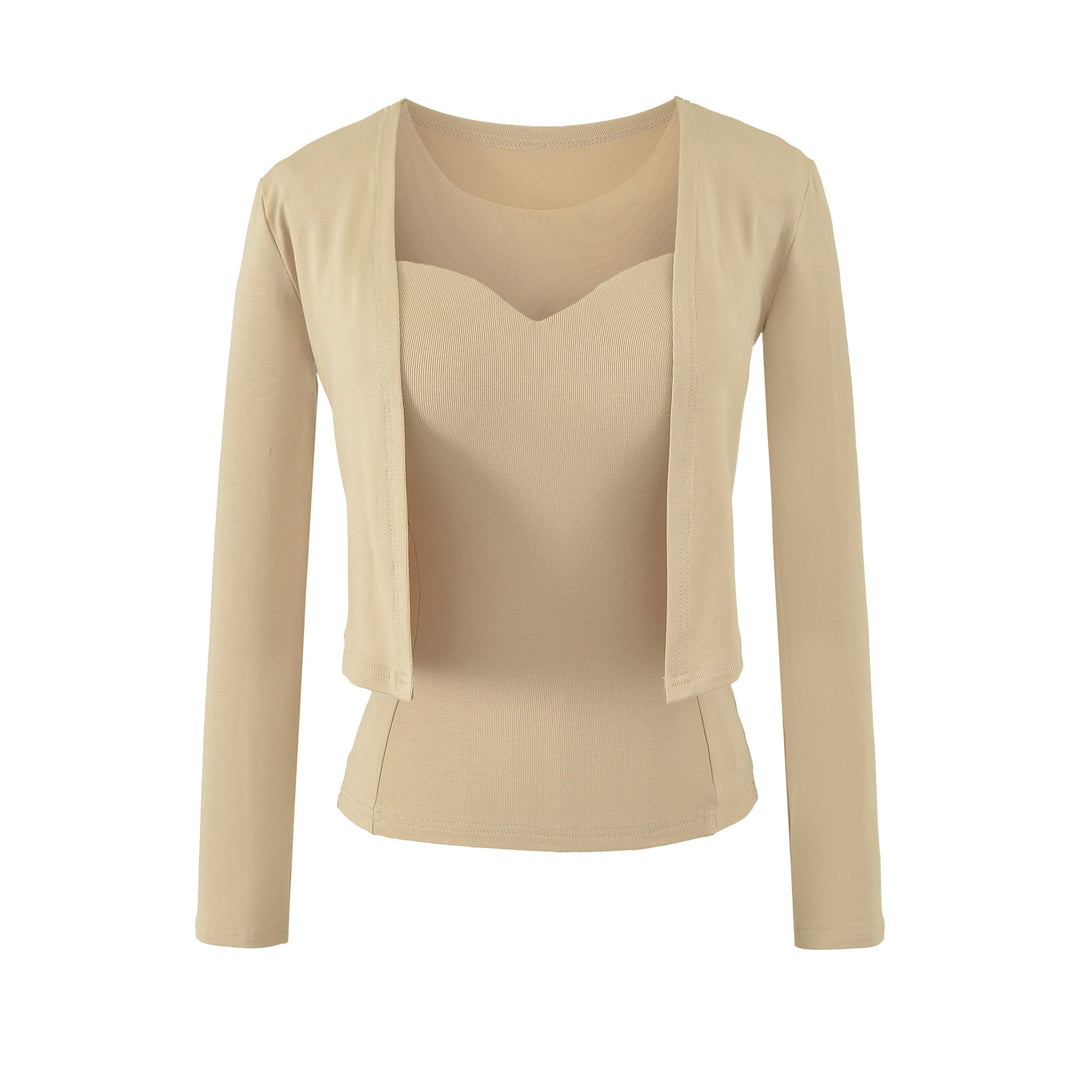 Ladies Two-Piece Fine Knit Top Set with Mesh Insert and Open Cardigan Amarae