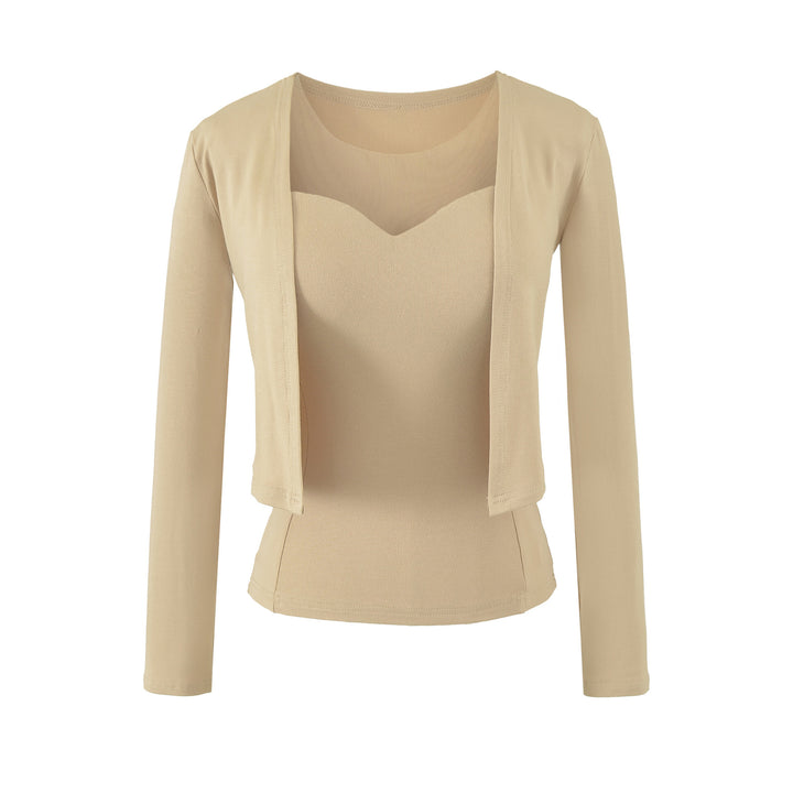 Ladies Two-Piece Fine Knit Top Set with Mesh Insert and Open Cardigan Amarae