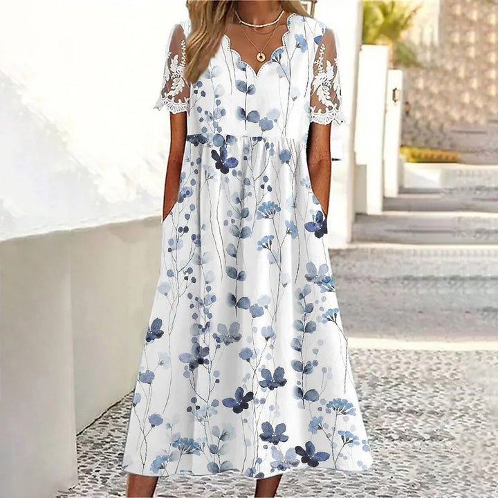 Floral A-line midi dress for women with lace sleeves Lune London