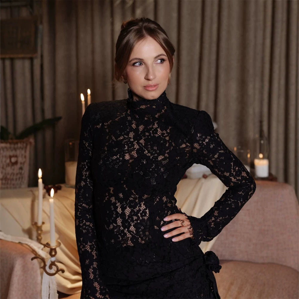 Women's lace mini dress with stand collar, transparent lace & gathered side panel Amarae