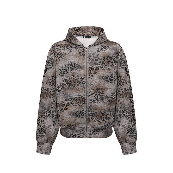 Women's hooded sweatshirt jacket with full zip and allover leopard print Amarae