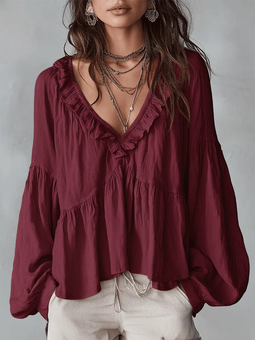 Women's Flowing Top with Ruffled Details and V-Neck Lune London