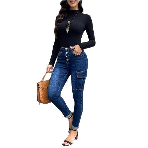Women’s Waist-Shaping Slim Cargo Jeans with Decorative Button Placket Amarae