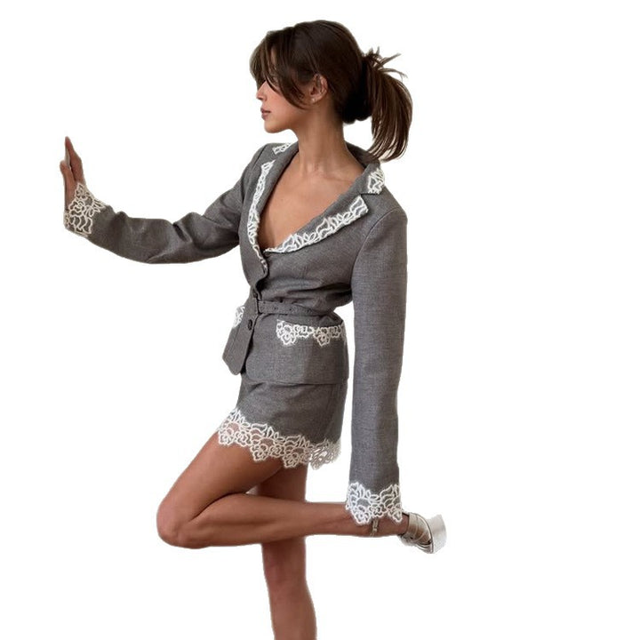 Women's Tailored Blazer Set with Lace Trim, Waist Belt & Mini Skirt Amarae