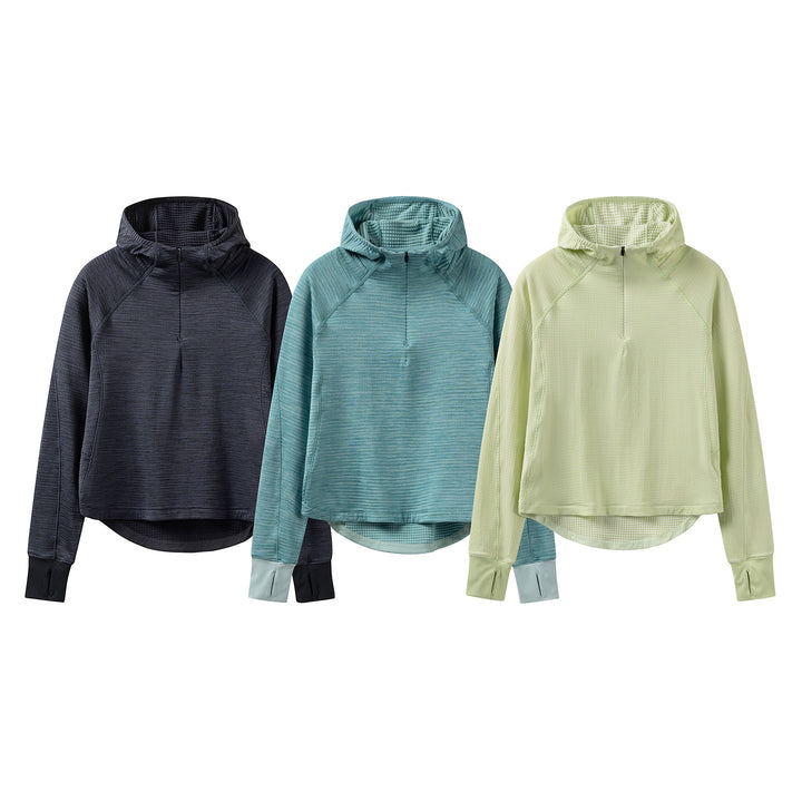 Women’s Hooded Half-Zip Pullover with Waffle-Lined Inner Hood, Thumbholes, and Extended Back Partie Amarae