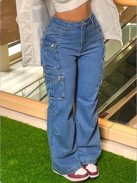 Women's Cargo Denim Pants with Wide Leg, High Waist & Multifunctional Flap Pockets Amarae
