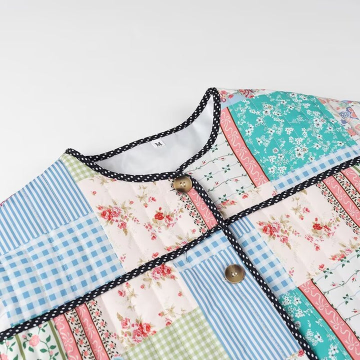 Women's Quilted Patchwork Jacket in Cottage Style with Round Neckline and Contrasting Piping Amarae