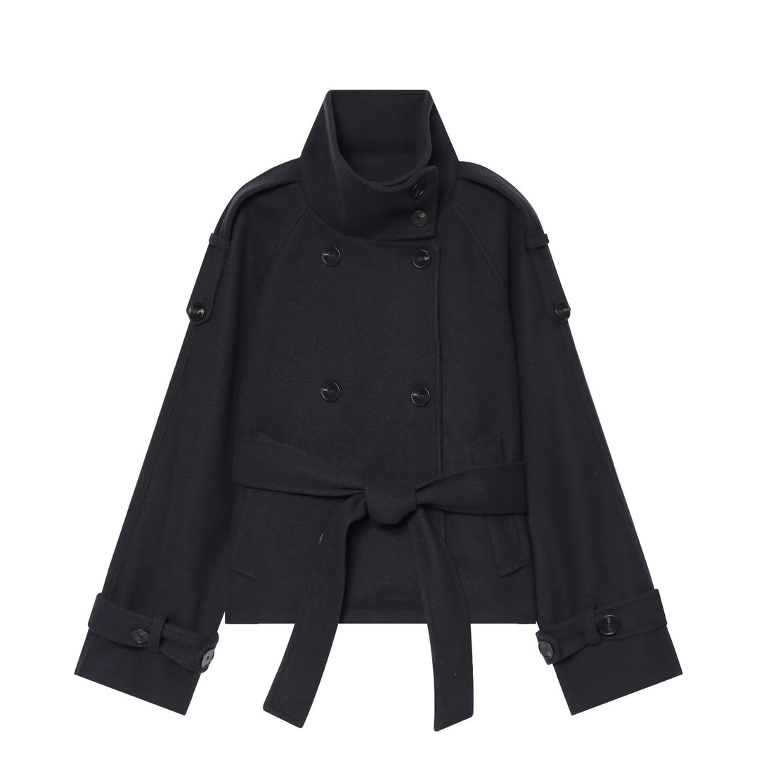 Ladies short cape jacket made of wool blend with high standing collar, double-breasted and tie belt Amarae