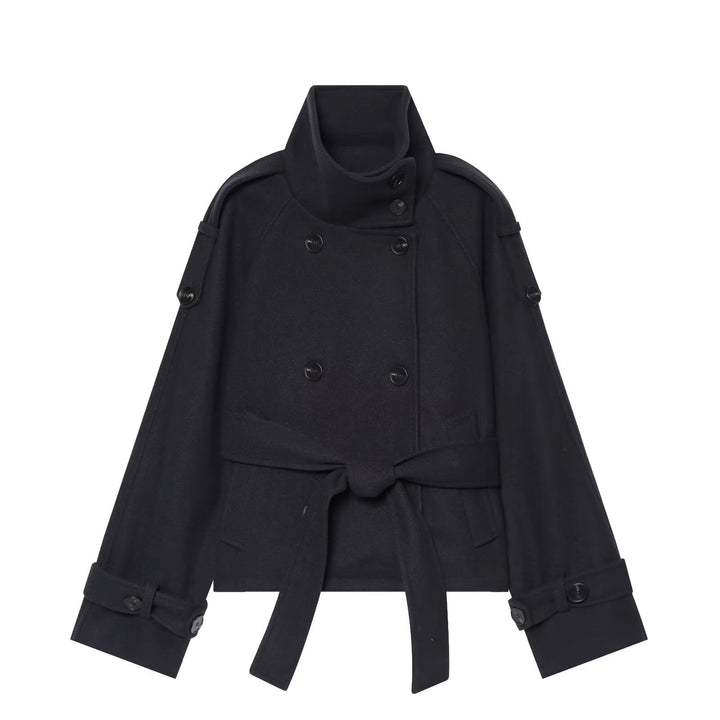 Ladies short cape jacket made of wool blend with high standing collar, double-breasted and tie belt Amarae