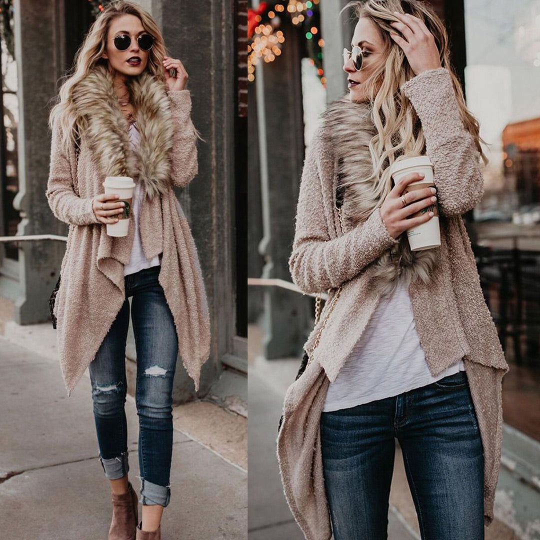 Ladies plush cardigan with removable faux fur collar Lune London