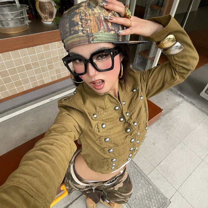 Women short-cut military-inspired cargo jacket with decorative button placket Amarae