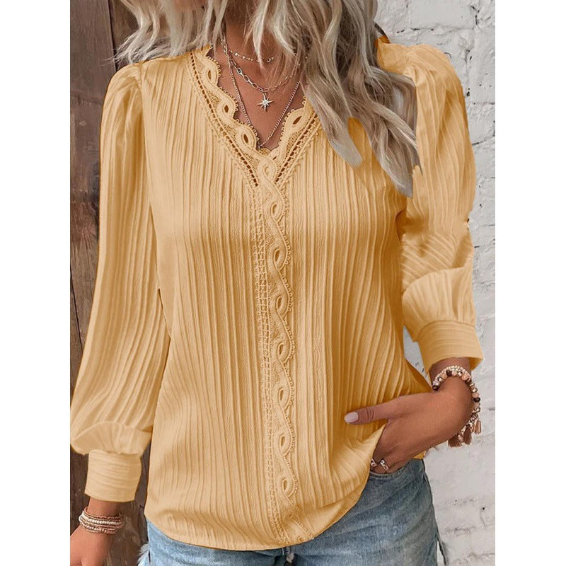 Women Pleated V-Neck Blouse with Lace Trim and Balloon Sleeves Amarae