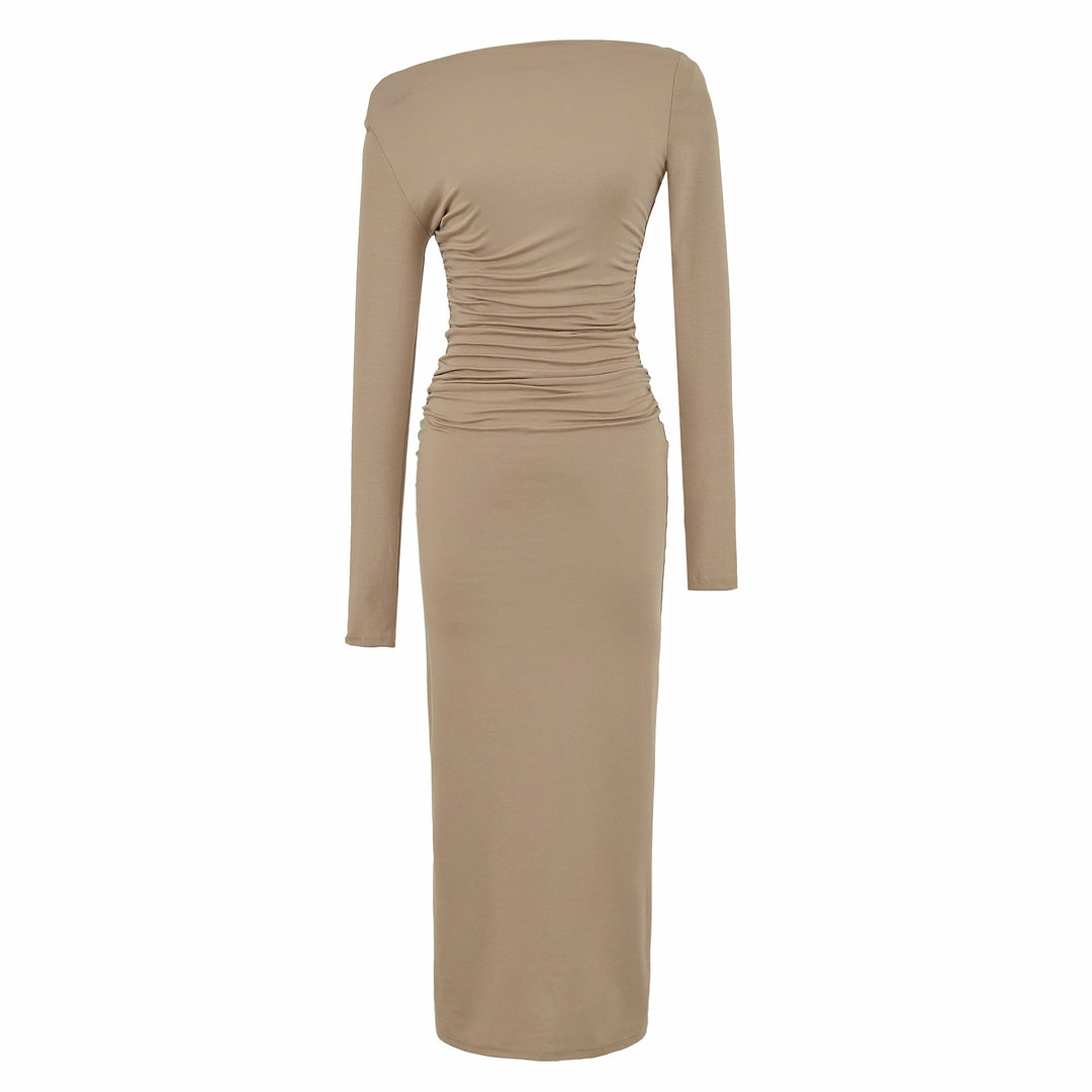 Women One-Shoulder Midi Dress with Long Sleeve and Side Gathering Amarae