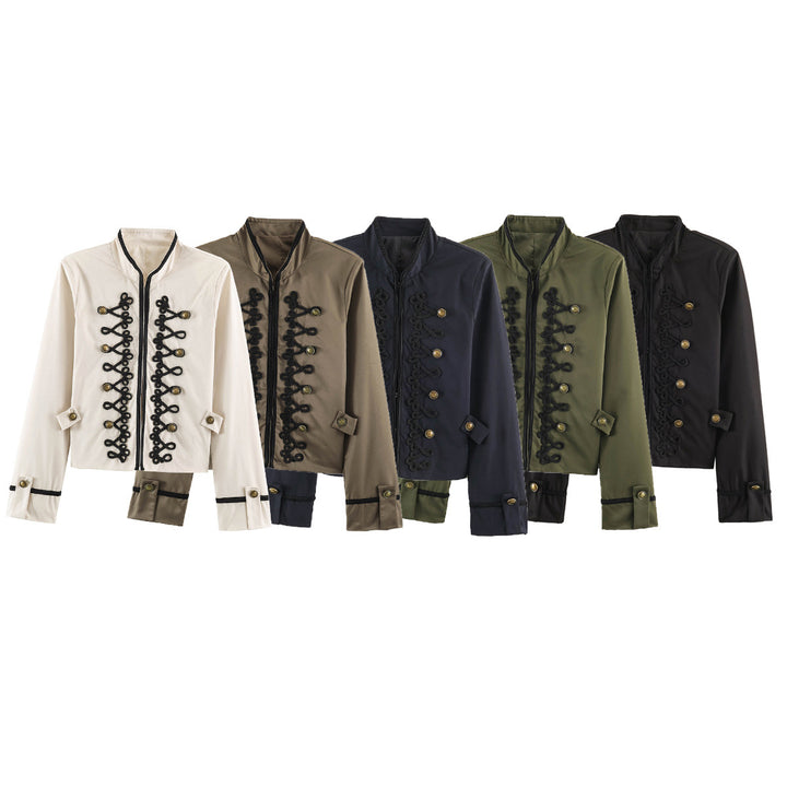 Women's Cropped Jacket in Sailor-Military Mix with Decorative Cords and Brass Buttons Amarae