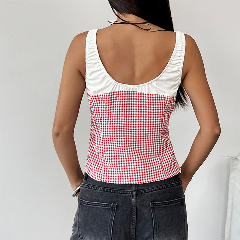Woman Tie-Front Gingham Crop Top Lune London
