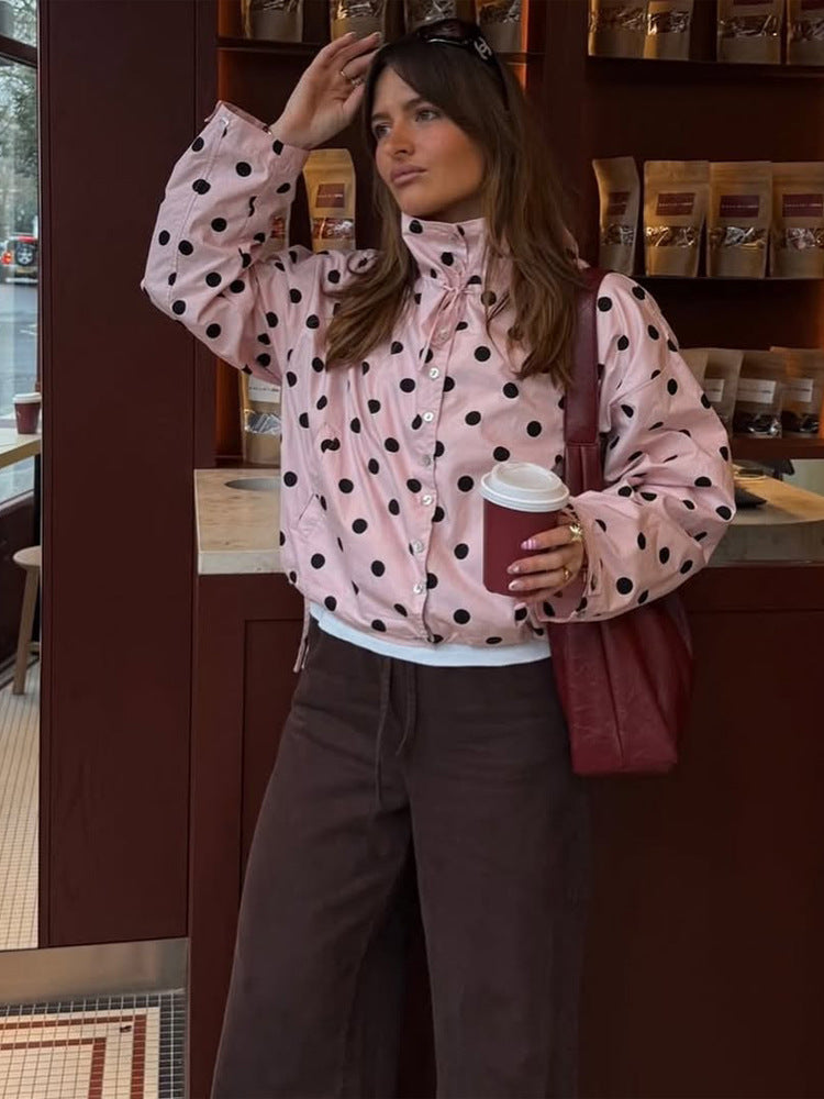 Women Lightweight Dotted Transition Jacket with Stand-up Collar, Drawstring & Loose Silhouette Amarae