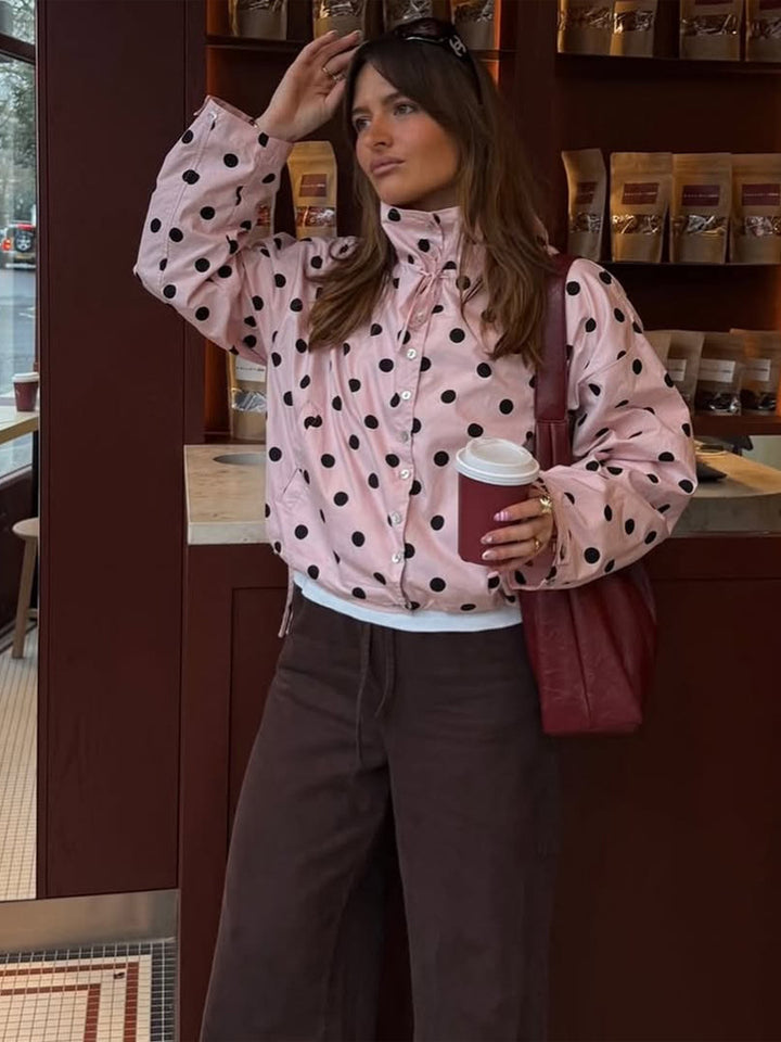 Women Lightweight Dotted Transition Jacket with Stand-up Collar, Drawstring & Loose Silhouette Amarae
