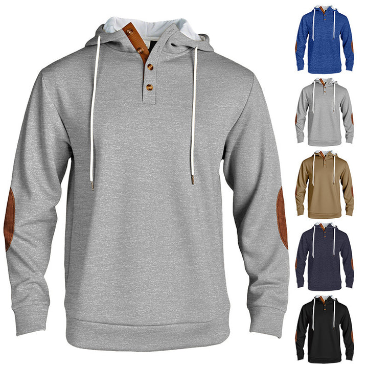 Hooded man with modern design of button placket and elbow patches Lune London