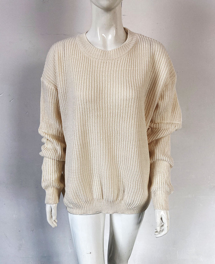 Damen Oversize Strickpullover mit Rundhalsausschnitt und gerippten Bündchen Drune