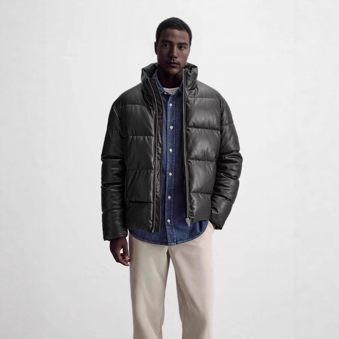 Men Padded Leather-Look Quilted Jacket with High Stand Collar Amarae