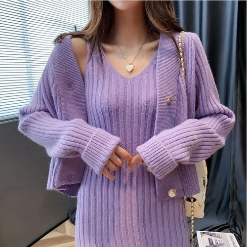 Ensemble tricot pour femme avec un élégant col en V et un cardigan décoratif Chic & Stil