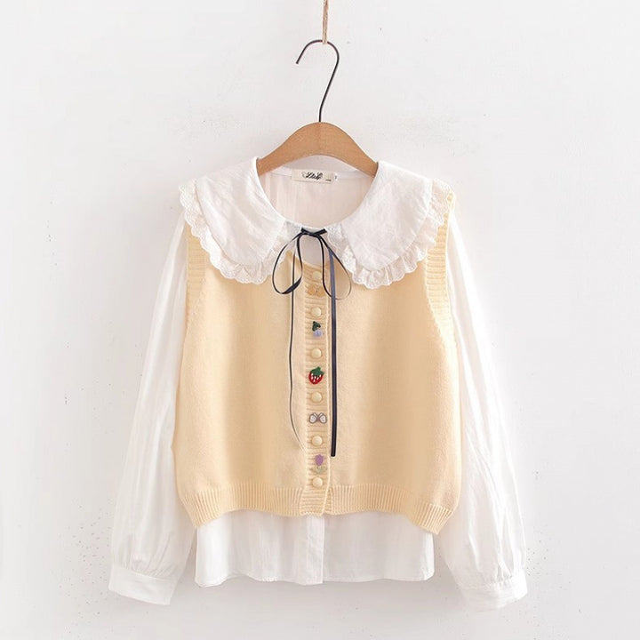 Knit blouse for women with decorative collar and handmade appliqués Lune London
