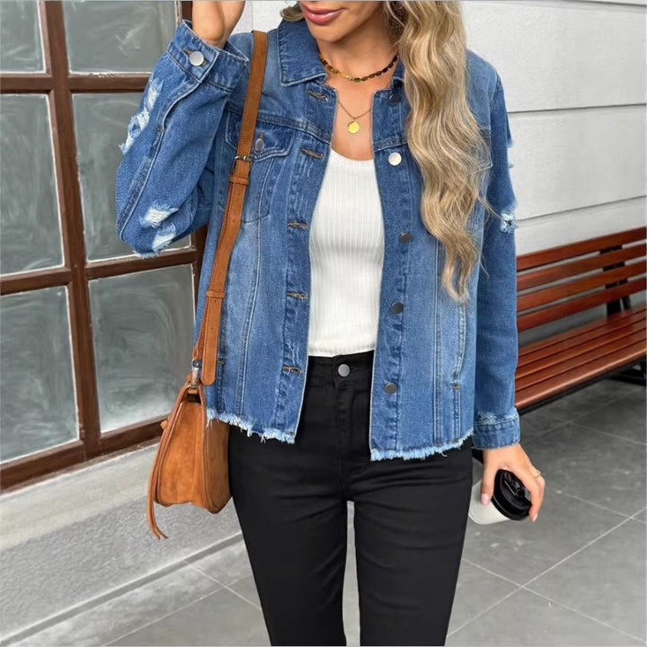 Women's denim jacket with casual destroyed sleeves and raw hem Amarae