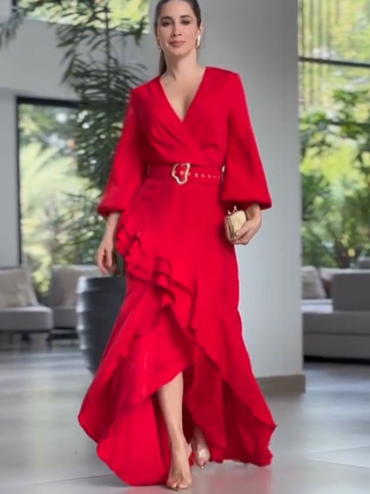 Women's Elegant Wrap Maxi Dress with Ruffles, Fitted Belt & Wide Bell Sleeves Amarae