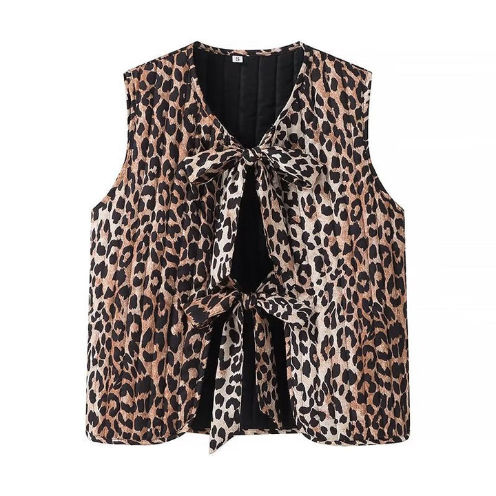 Women's Sleeveless Satin Blouse Top with Leopard Print and Double Bow Front Amarae