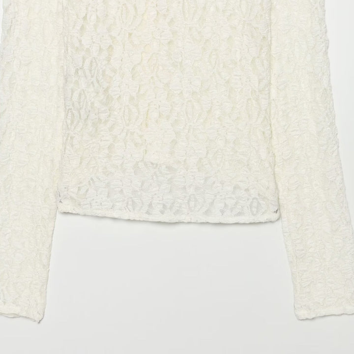 Women's Fine Lace Blouse with Floral Relief Pattern and Back Button Placket Amarae