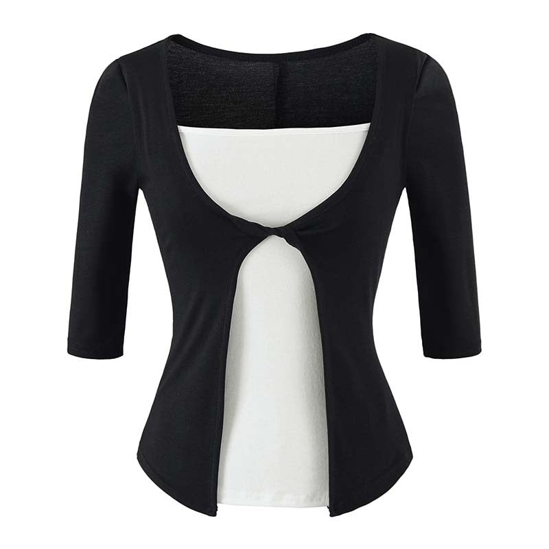 Women Layered Look Shirt with Knot Front, Three-Quarter Sleeves and Integrated Under Top Amarae