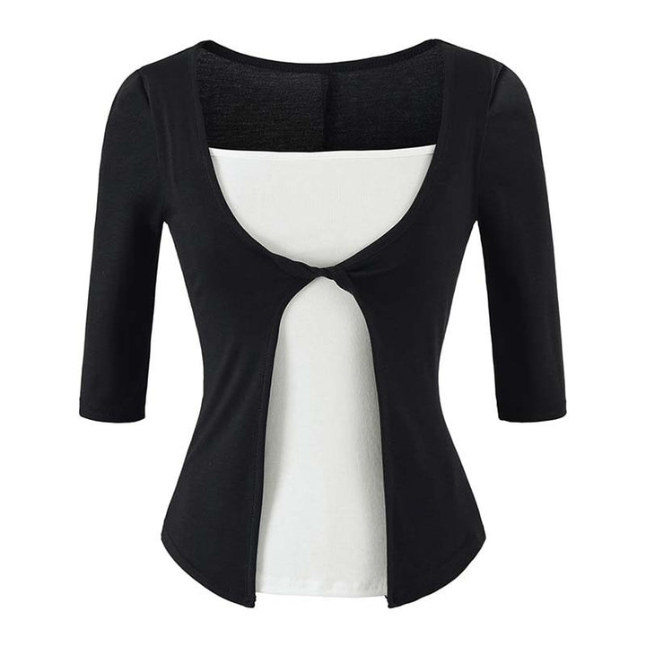 Women Layered Look Shirt with Knot Front, Three-Quarter Sleeves and Integrated Under Top Amarae