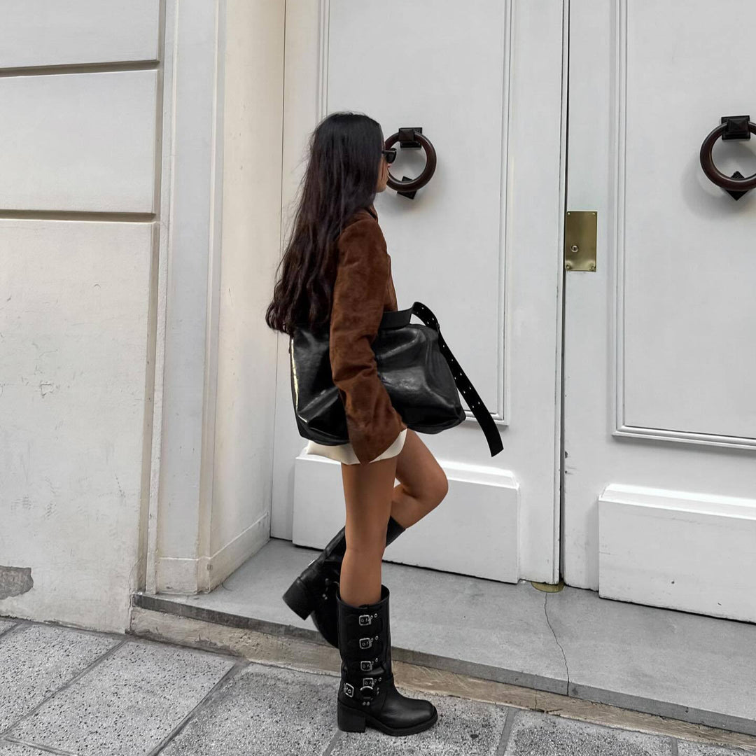 Women's suede jacket with modern high collar Lune London