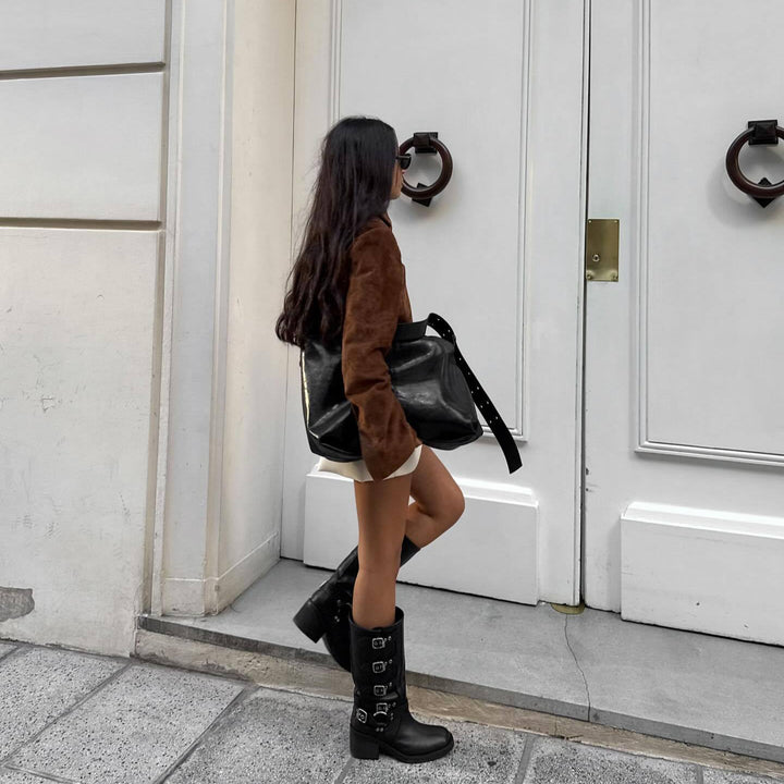Women's suede jacket with modern high collar Lune London