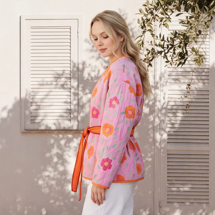 Women's Quilted Floral Kimono with Tie Belt Amarae