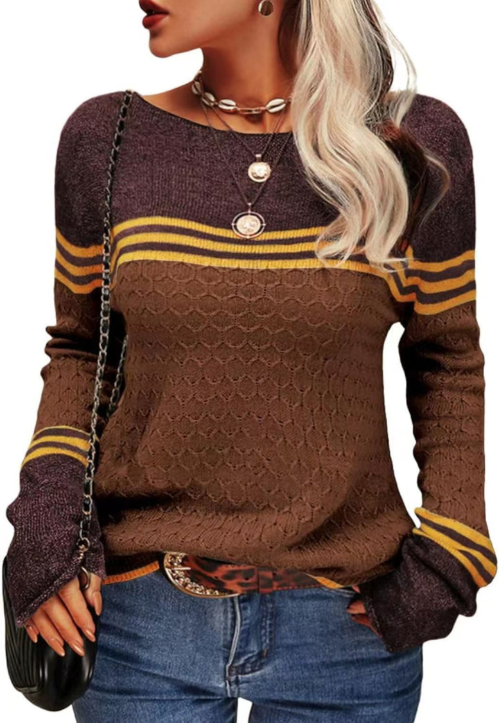 Pull tricoté décontracté pour femmes avec des blocs de couleur contrastants et une texture unique Chic & Stil