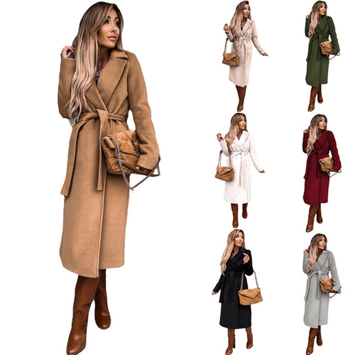 Elegant long coat for women with belt and open pockets Amarae