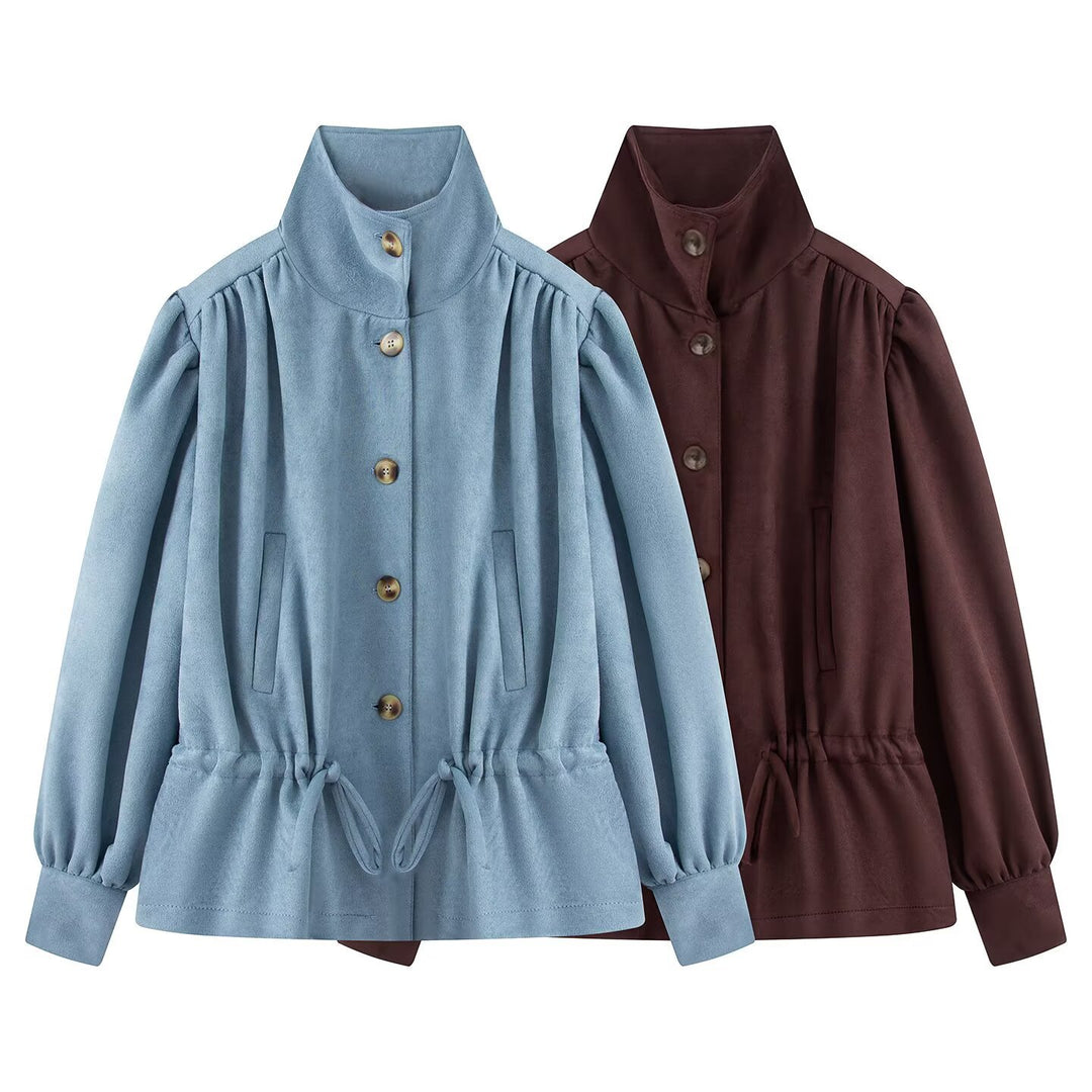 Women's Tailorable Short Jacket with Drawstring, Stand-up Collar, and Balloon Sleeves Amarae