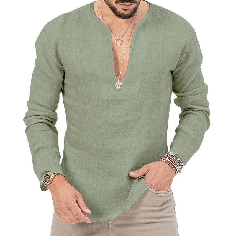 Men's casual linen shirt with deep V-neck and comfortable fit Lune London