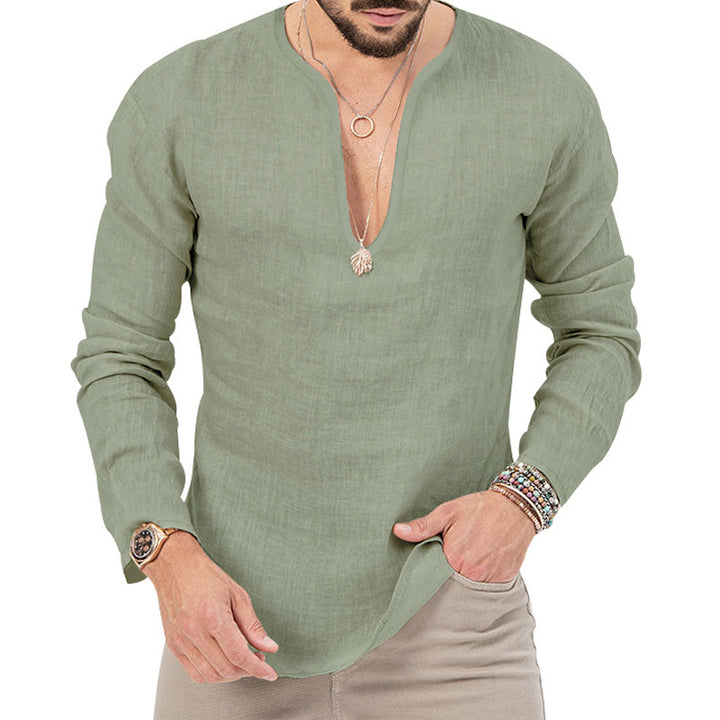 Men's casual linen shirt with deep V-neck and comfortable fit Lune London