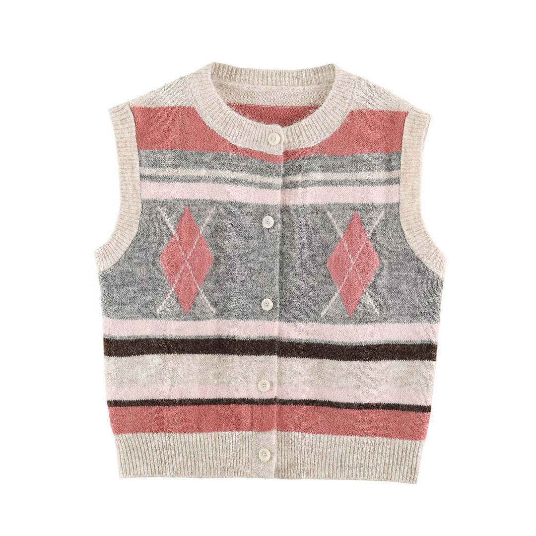 Ladies Sleeveless Argyle Knitted Vest with Continuous Button Placket and Ribbed Hem Amarae