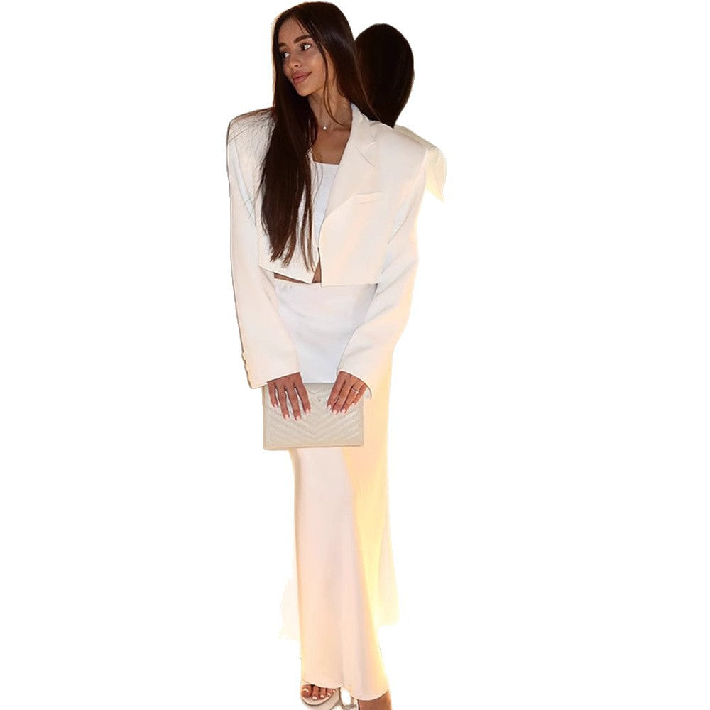 Women's Short Blazer and Maxi Skirt Two-Piece Set in Flowing Satin with Tailored Waist Amarae